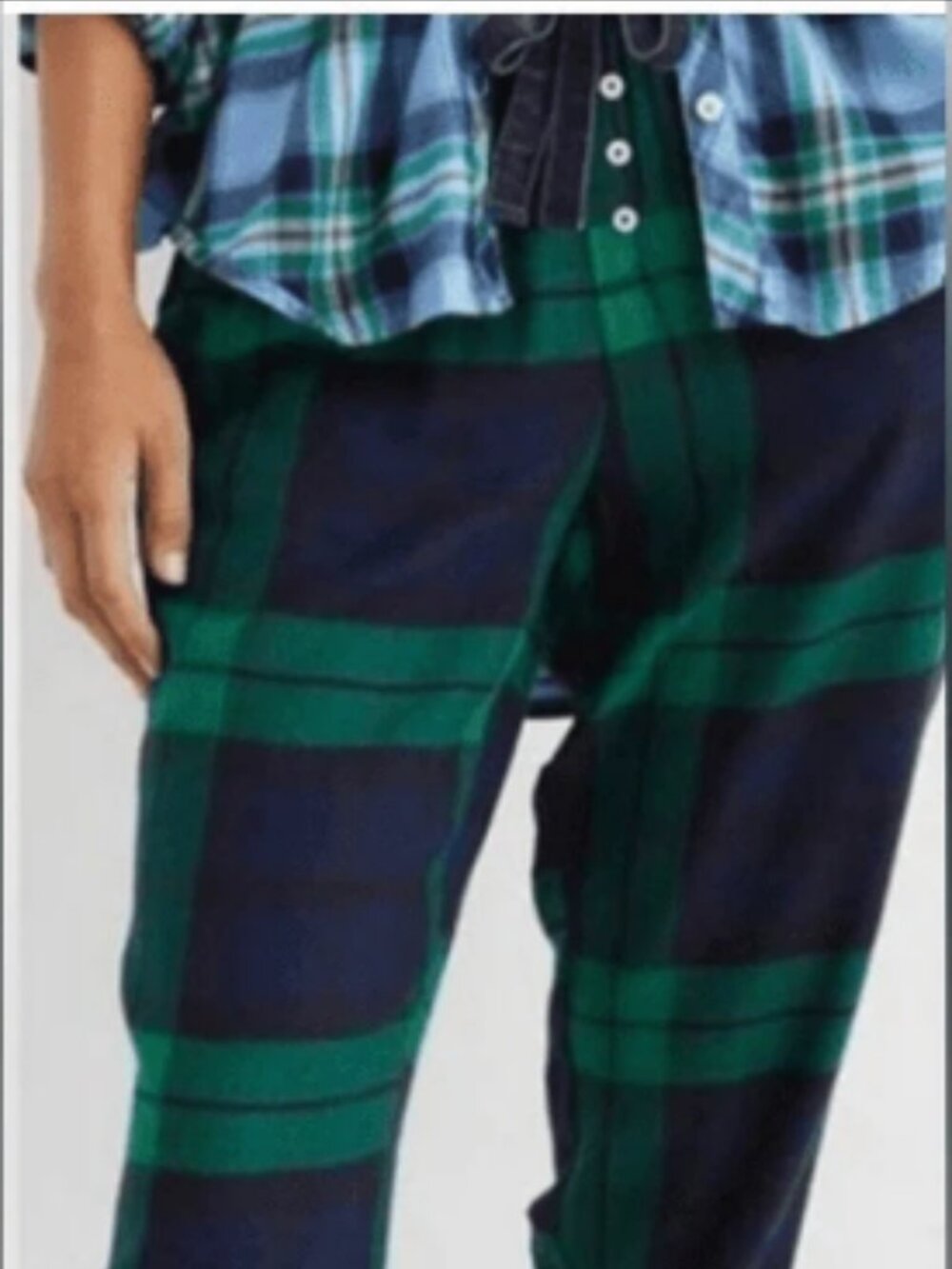 Aerie Hi Rise Cotton Blend Plaid/Tartan Street Flannel Lounge Jogger Green/Blue